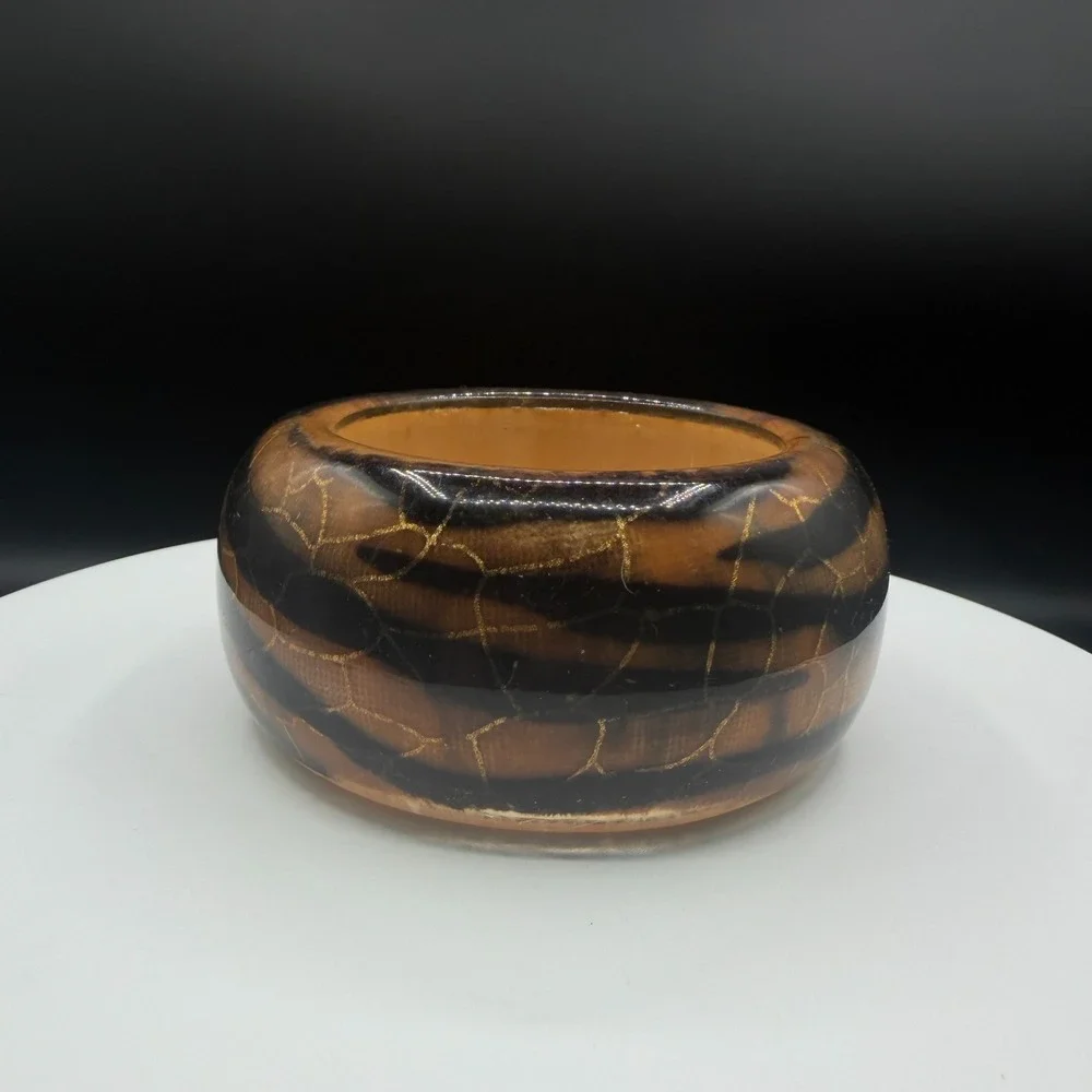 Chunky Brown Black Resin Bangle Bracelet Gold Tone Crackle Mosaic Boho Statement